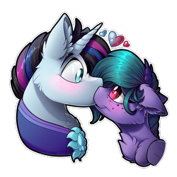 Size: 2048x2048 | Tagged: safe, artist:mychelle, imported from derpibooru, oc, oc only, pegasus, pony, unicorn, female, kissing, mare, simple background, transparent background
