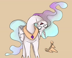 Size: 3932x3161 | Tagged: safe, artist:miokomata, imported from derpibooru, princess celestia, alicorn, pony, crown, cursed image, female, insanity, jewelry, long neck, looking at you, majestic as fuck, mare, necc, princess necklestia, regalia, simple background, snaplestia, solo, thanks i hate it, upside down, wat, yellow background