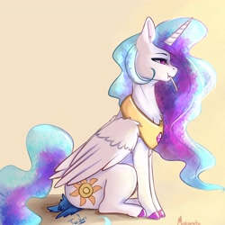 Size: 4000x4000 | Tagged: safe, artist:miokomata, imported from derpibooru, princess celestia, alicorn, bird, pony, butt, colored hooves, female, food, gradient background, mare, meta, mouth hold, plot, pocky, signature, silly, sitting, sitting on person, solo, sunbutt, twitter