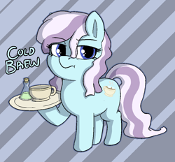 Size: 1000x929 | Tagged: safe, artist:heretichesh, imported from derpibooru, oc, oc only, oc:cold brew, earth pony, pony, abstract background, cup, female, filly, frown, grumpy, potion, saucer, solo, teacup