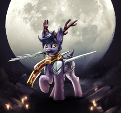 Size: 1191x1113 | Tagged: safe, artist:ampderg, imported from derpibooru, oc, oc:oyama, deer, clothes, dungeons and dragons, moon, pen and paper rpg, rpg, scarf, sword, weapon