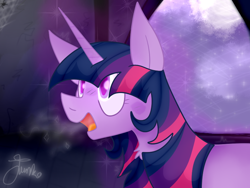 Size: 800x600 | Tagged: safe, artist:junko, artist:php163, imported from derpibooru, twilight sparkle, pony, spider, unicorn, breath, castle, castle of the royal pony sisters, female, gasp, mare, moon, night, night sky, sky, solo, spider web, starry night, stars, unicorn twilight, visible breath, window