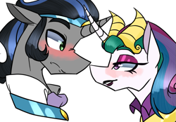 Size: 789x550 | Tagged: safe, alternate version, king sombra, princess celestia, alicorn, unicorn, alternate hairstyle, blushing, celestibra, evil, evil celestia, female, good king sombra, looking at each other, makeup, male, mirror universe, shipping, straight