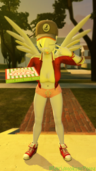 Size: 1080x1920 | Tagged: safe, derpy hooves, anthro, 3d, breasts, cap, clothes, delivery, food, hat, houses, jacket, looking at you, one eye closed, peace sign, pizza, pizza box, pizza delivery, shorts, solo, source filmmaker, spread legs, spread wings, spreading, street, toungle, toungle out, wings, wink, winking at you