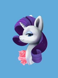 Size: 1024x1366 | Tagged: safe, artist:kusoazi, imported from derpibooru, rarity, pony, blue background, bust, female, flower, looking at you, mare, portrait, profile, rose, simple background, solo