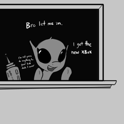 Size: 3000x3000 | Tagged: safe, artist:tjpones, imported from derpibooru, oc, oc only, alien, alien pony, original species, ayy lmao, blatant lies, dialogue, dude let me in, grayscale, monochrome, over 9000, probe, simple background, solo, this will end in probing, window