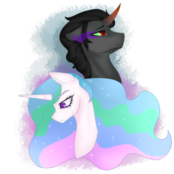 Size: 1024x1024 | Tagged: safe, artist:thecreativerey, imported from derpibooru, king sombra, princess celestia, alicorn, unicorn, bad end, celestibra, colored horn, crying, curved horn, female, horn, male, sad, shipping, simple background, sombra eyes, sombra horn, straight, transparent background