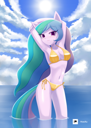 Size: 1000x1407 | Tagged: safe, artist:howxu, imported from derpibooru, princess celestia, anthro, absolute cleavage, arm behind head, armpits, bedroom eyes, belly button, bikini, blushing, breasts, busty princess celestia, cleavage, clothes, curvy, eyelashes, female, looking at you, midriff, ocean, praise the sun, seductive, side-tie bikini, solo, standing in water, stupid sexy celestia, swimsuit, thighs, wide hips