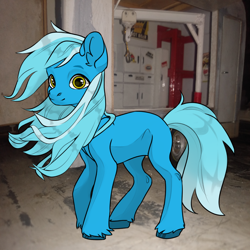 Size: 1024x1024 | Tagged: safe, imported from derpibooru, oc, oc:bleu cheese, crane, everfree customs, female, mare, not trixie, trailer, unshorn fetlocks, workbench