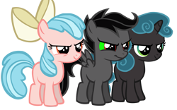 Size: 9467x5899 | Tagged: safe, artist:goldenheart4, imported from derpibooru, apple bloom, cozy glow, king sombra, queen chrysalis, scootaloo, sweetie belle, earth pony, pegasus, pony, unicorn, apple bloom's bow, bow, cutie mark crusaders, female, filly, hair bow, missing cutie mark, palette swap, recolor, simple background, smiling, smirk, transparent background, trio