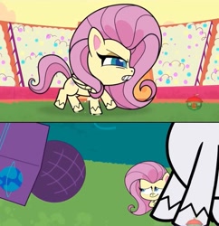 Size: 1280x1321 | Tagged: safe, edit, imported from derpibooru, screencap, fluttershy, rarity, pegasus, pony, unicorn, my little pony: pony life, spoiler:pony life s01e43, spoiler:pony life s01e45, g4.5, giant pony, giantshy, macro, micro, microphone, shrunk, the great collide, the rarity report, tinyshy, treehouse logo