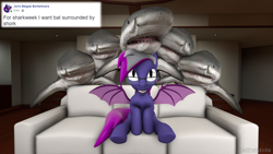 Size: 1280x720 | Tagged: safe, artist:batponyecho, imported from derpibooru, oc, oc only, oc:claren vesper, bat pony, pony, shark, 3d, bat pony oc, bat wings, couch, glasses, i don't like where this is going, male, meme, shark week, sitting, source filmmaker, spread wings, stallion, tail, wings