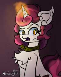 Size: 3000x3750 | Tagged: safe, artist:mrcapriccio, imported from derpibooru, oc, oc only, oc:dolce spiaro, pony, unicorn, abstract background, bust, chest fluff, dark, eyeshadow, female, magic, makeup, mare, portrait, simple background, solo