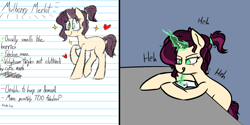 Size: 1240x618 | Tagged: safe, artist:pinkberry, imported from derpibooru, oc, oc only, oc:mulberry merlot, pony, unicorn, >:p, blank flank, chuckling, female, freckles, heart, lined paper, magic, mare, parody, pencil drawing, reference sheet, solo, solo female, sparkles, tattoo, text, tongue out, traditional art, writing