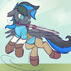 Size: 1500x1500 | Tagged: safe, artist:rhythmpixel, imported from derpibooru, oc, oc only, oc:blaze, alicorn, pony, boots, clothes, male, pants, shoes, solo, stallion, sword, the legend of zelda, tunic, video game, video game reference, weapon