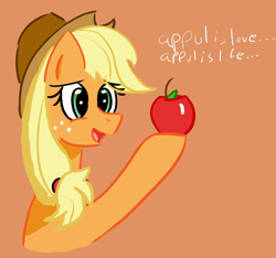 Size: 1080x1013 | Tagged: safe, anonymous artist, imported from derpibooru, applejack, earth pony, pony, /mlp/, apple, appul, dialogue, drawthread, food, requested art, simple background, solo