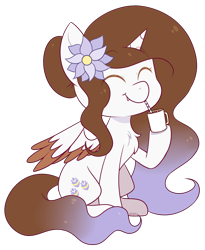 Size: 2068x2520 | Tagged: safe, artist:jetjetj, imported from derpibooru, part of a set, oc, oc only, alicorn, pony, chibi, commission, female, flower, flower in hair, mare, simple background, sitting, smiling, solo, transparent background, ych result