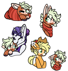 Size: 1272x1331 | Tagged: safe, artist:greyestgray, imported from derpibooru, applejack, rarity, oc, oc:fuji forest, earth pony, unicorn, blanket burrito, colt, female, magical lesbian spawn, male, mare, offspring, parent:applejack, parent:rarity, parents:rarijack, simple background, transparent background