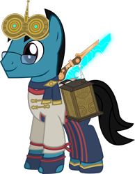 Size: 2377x3056 | Tagged: safe, artist:sketchmcreations, imported from derpibooru, oc, oc:sketch mythos, earth pony, pony, clothes, cosplay, costume, glasses, goggles, hyrule warriors, hyrule warriors: age of calamity, male, nightmare night, robbie, scarf, scientist, sheikah, simple background, solo, stallion, sword, the legend of zelda, the legend of zelda: breath of the wild, transparent background, vector, weapon