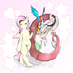 Size: 2000x2000 | Tagged: safe, artist:ping000, imported from derpibooru, discord, fluttershy, draconequus, pegasus, pony, semi-anthro, abstract background, belly button, duo, female, heart, male, mare