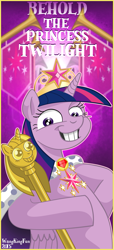 Size: 549x1200 | Tagged: safe, artist:wangkingfun, imported from derpibooru, twilight sparkle, alicorn, pony, big crown thingy, element of magic, faic, jewelry, majestic as fuck, regalia, scepter, twilight scepter, twilight sparkle (alicorn)