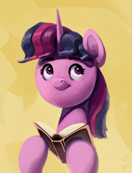 Size: 1963x2576 | Tagged: safe, artist:cyanoger, imported from derpibooru, twilight sparkle, pony, unicorn, book, bookhorse, female, mare, simple background, smiling, solo