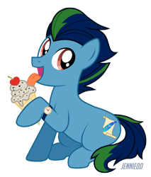 Size: 1022x1200 | Tagged: safe, artist:jennieoo, imported from derpibooru, oc, oc only, earth pony, pony, commission, food, ice cream, licking, show accurate, simple background, solo, tongue out, transparent background, ych result, your character here