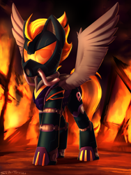 Size: 2400x3200 | Tagged: safe, artist:shido-tara, imported from derpibooru, oc, oc:blaze (shadowbolt), cyborg, pegasus, commission, cyber legs, gas mask, looking at you, male, mask, pegasus oc, shadowbolts, stallion, wings