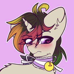 Size: 2000x2000 | Tagged: safe, artist:etoz, imported from derpibooru, oc, oc only, oc:agap, pony, unicorn, angry, bell, bell collar, blushing, cat bell, collar, cute, eyebrows, femboy, heart eyes, horn, looking away, male, multicolored hair, rainbow hair, simple background, solo, stallion, tsundere, unicorn oc, wingding eyes