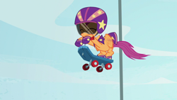 Size: 1280x720 | Tagged: safe, imported from derpibooru, screencap, scootaloo, pegasus, pony, bloom and gloom, female, filly, helmet, scooter