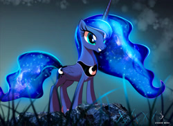 Size: 2960x2160 | Tagged: safe, artist:zidanemina, imported from derpibooru, princess luna, alicorn, pony, cute, dawn, ethereal mane, female, grass, lunabetes, mare, missing accessory, show accurate, signature, smiling, solo, standing, starry mane