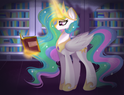 Size: 5312x4049 | Tagged: safe, artist:janelearts, imported from derpibooru, princess celestia, alicorn, pony, book, crown, hoof shoes, jewelry, magic, reading, regalia, solo, telekinesis, tired, tired eyes