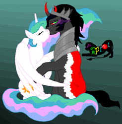 Size: 529x537 | Tagged: safe, artist:random-person101, imported from derpibooru, king sombra, princess celestia, alicorn, unicorn, cape, celestibra, clothes, colored horn, curved horn, cute, female, horn, kissing, male, shipping, sombra eyes, sombra horn, straight