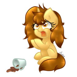 Size: 750x750 | Tagged: safe, artist:avelineh, imported from derpibooru, oc, oc only, oc:creamy coffee, pony, unicorn, adorable distress, coffee, cute, female, open mouth, simple background, solo, spill, transparent background