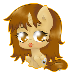 Size: 601x644 | Tagged: safe, artist:avelineh, imported from derpibooru, oc, oc only, oc:creamy coffee, pony, unicorn, chibi, female, simple background, sitting, solo, tongue out, transparent background