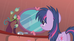 Size: 1920x1080 | Tagged: safe, imported from derpibooru, screencap, twilight sparkle, pony, unicorn, bridle gossip, season 1, bed mane, brush, brushie, brushing, butt, female, mare, messy mane, mirror, plot, reflection, solo, twibutt, unicorn twilight