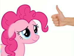 Size: 713x544 | Tagged: safe, edit, imported from derpibooru, pinkie pie, affirmation, floppy ears, offscreen character, op is a swan, smiling, teary eyes, thumb, thumbs up