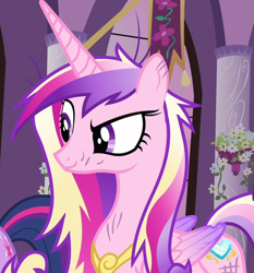 Size: 1098x1177 | Tagged: safe, imported from derpibooru, screencap, princess cadance, twilight sparkle, alicorn, pony, a canterlot wedding, cropped, dirty, female, folded wings, mare, messy mane, solo, solo focus, wings