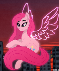 Size: 1024x1228 | Tagged: safe, artist:pinkamenascratch, imported from derpibooru, pinkie pie, earth pony, pony, city, female, pinkamena diane pie, solo, wings