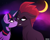 Size: 1280x1024 | Tagged: safe, artist:pinkamenascratch, imported from derpibooru, tempest shadow, twilight sparkle, alicorn, pony, unicorn, broken horn, crescent moon, duo, eye contact, female, horn, lesbian, looking at each other, moon, night, shipping, smiling, tempestlight, twilight sparkle (alicorn)