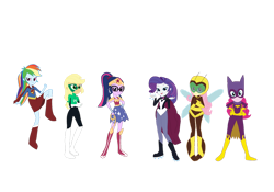 Size: 1280x895 | Tagged: safe, artist:chanyhuman, imported from derpibooru, applejack, fluttershy, pinkie pie, rainbow dash, rarity, sci-twi, twilight sparkle, equestria girls, batgirl, bumblebee, bumblebee (dc comics), bumblebee (dc), clothes, cosplay, costume, dc superhero girls, green lantern, humane five, humane six, mane six, simple background, supergirl, transparent background, wonder woman, zatanna