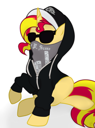 Size: 600x802 | Tagged: safe, artist:pinkamenascratch, imported from derpibooru, sunset shimmer, pony, unicorn, charlie scene, clothes, female, hollywood undead, hoodie, mask, simple background, solo, sunglasses