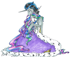 Size: 2551x1998 | Tagged: safe, artist:fountainstranger, idw, imported from derpibooru, king sombra, princess celestia, cape, celestibra, clothes, crown, crying, female, good king sombra, hug, jewelry, male, missing accessory, regalia, shipping, simple background, straight, transparent background, typo in the description