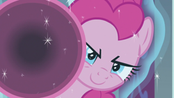 Size: 1920x1080 | Tagged: safe, imported from derpibooru, screencap, pinkie pie, earth pony, pony, season 9, the ending of the end, close-up, friendship bazooka, grin, implied cozy glow, party bazooka, smiling, smirk, solo, this will end in pain, this will not end well