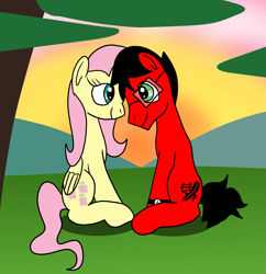 Size: 1161x1200 | Tagged: safe, artist:platinumdrop, imported from derpibooru, fluttershy, oc, oc:penn rail, canon x oc, female, male, request, shipping, straight