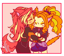 Size: 1600x1400 | Tagged: safe, artist:raika0306, imported from derpibooru, adagio dazzle, sunset shimmer, cat, dog, equestria girls, blushing, cat ears, cat tail, catdagio, catgirl, catified, dog ears, dog tail, doggirl, dogified, eyes closed, female, kemonomimi, kiss on the head, kissing, lesbian, licking, shipping, species swap, sunsagio, tail wag, tongue out