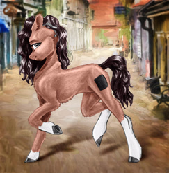 Size: 2496x2567 | Tagged: safe, artist:joestick, editor:vedont, imported from derpibooru, oc, oc only, pony, female, gray eyes, high res, looking back, raised hoof, realistic horse legs, socks (coat marking), solo, street, town