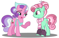 Size: 2495x1599 | Tagged: safe, artist:strawberry-spritz, imported from derpibooru, minty, sweetberry, earth pony, pony, unicorn, clothes, duo, duo female, female, g3, g3 to g4, g4, generation leap, leg warmers, mare, scarf, simple background, transparent background