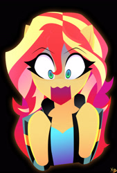 Size: 2130x3156 | Tagged: safe, artist:xan-gelx, imported from derpibooru, sunset shimmer, pony, equestria girls, black background, cute, hooves, human to pony, missing horn, open mouth, panic, shimmerbetes, shocked, simple background, solo, transformation, wavy mouth, wide eyes