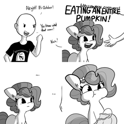 Size: 6000x6000 | Tagged: safe, artist:tjpones, imported from derpibooru, oc, oc only, oc:brownie bun, oc:richard, earth pony, human, pony, horse wife, ..., comic, cute, dialogue, eating, female, grayscale, halloween, herbivore, holiday, horses doing horse things, mare, monochrome, ocbetes, october, puffy cheeks, pumpkin, simple background, white background